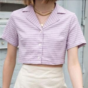 John Galt Size XS Brandy Melville Vivian Top Purple Plaid Preppy Collared Crop